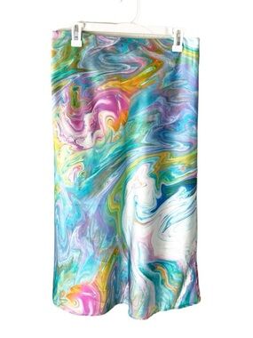 Neon Psychedelic Midi Skirt Size Medium Paint Swirl A-Line Artsy Rave Electric